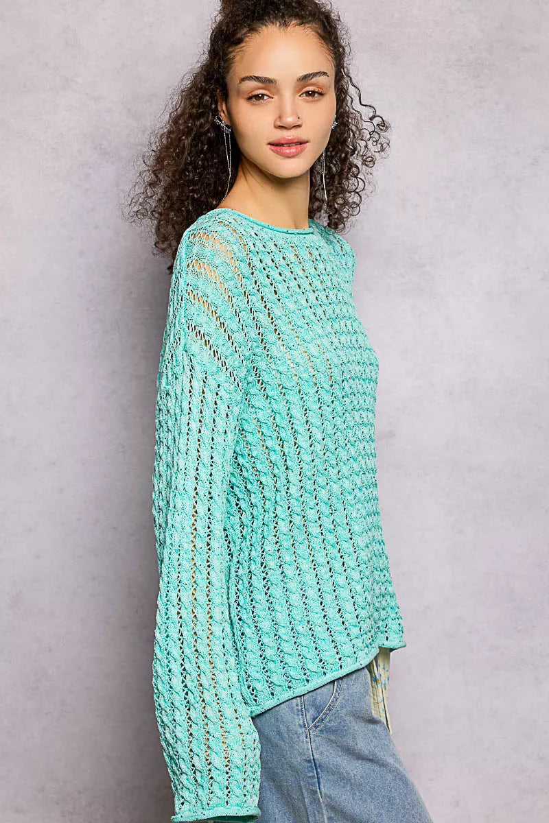 POL Openwork Knit Top Aqua Mint Round Neck with Shiny Detail Long Sleeve d895867c-1259-400f-8401-740d12276b3e-Max-Origin Trendsi
