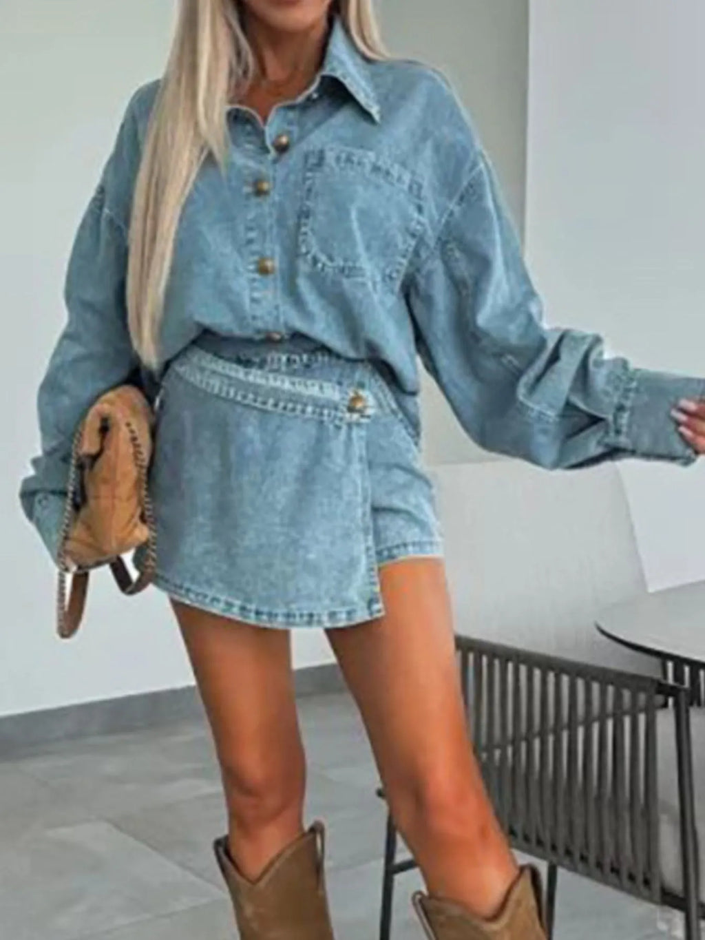 Women's Outfit Set Denim Oversized Shirt Long Sleeve and Mini Skort 2 Pcs d89ceb75-d51c-49fc-8bd1-b64a7dd739c0-Max-Origin Trendsi