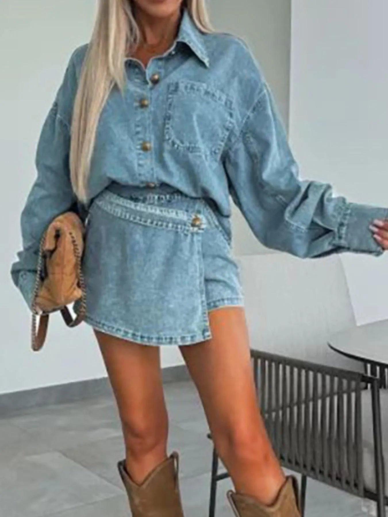 Women's Outfit Set Denim Oversized Shirt Long Sleeve and Mini Skort 2 Pcs d89ceb75-d51c-49fc-8bd1-b64a7dd739c0-Max-Origin Trendsi