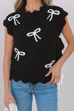 Women's Sweater Black Bow Side Ties Scalloped Hem Cap Sleeve d89f9140-ef78-4b8d-b2e0-2242eb674e52-Max-Origin Trendsi