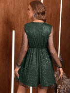 Glitter Mini Dress V Neck Surplice Long Sleeve Semi-sheer Short Dresses d8a02ec8-5016-4abb-87ce-f6080003a441-Max Trendsi