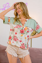 BiBi T-Shirt Floral Button Detail Round Neck Short Sleeve Terry Top OFF WHITE COMBO d8a13864-b495-437d-8588-c023d974c881-Max Trendsi