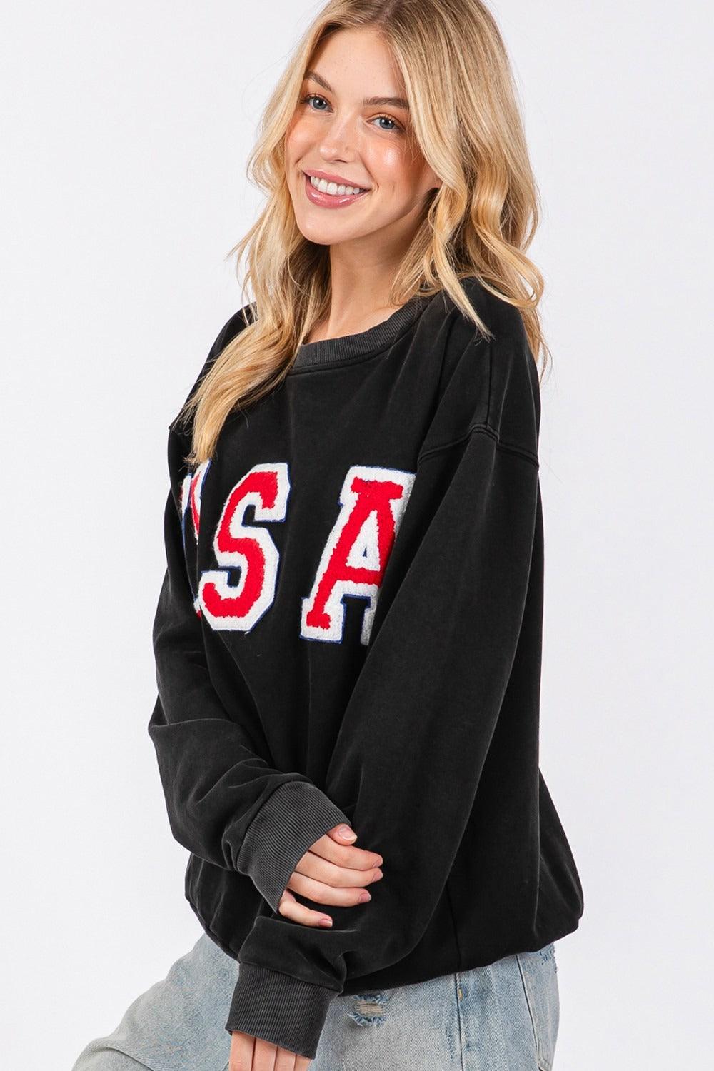 SAGE + FIG USA Letter Patch Round Neck Sweatshirt d8a6bbf6-a41d-47c9-a4f7-3ebd75adddf3-Max Trendsi