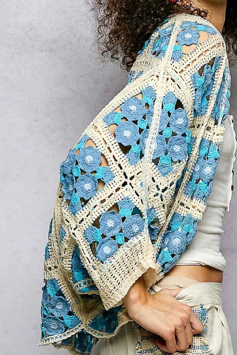 POL Crochet Cardigan Floral Blue Multi Open Front d8b30674-0843-4bab-b00e-010c43d86c06-Max-Origin Trendsi