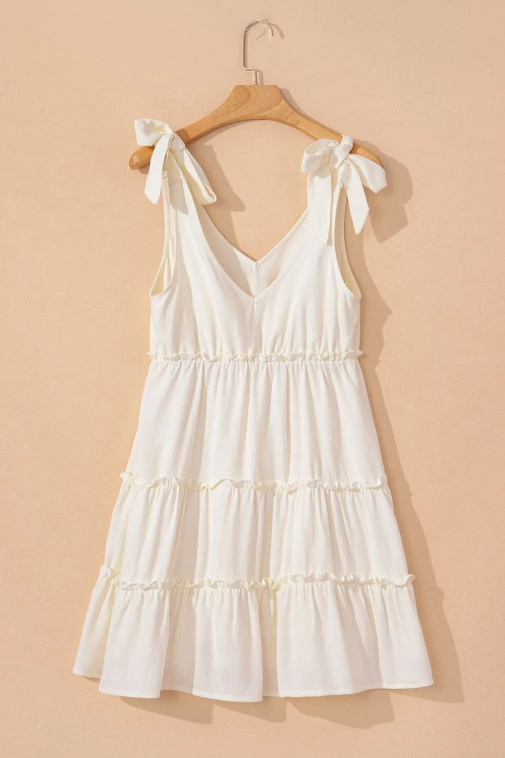 Mini Dress Beige Solid Color Bow Tied Straps Ruffle Tiered Frill d8b7d1bc-7a19-49a4-a2c4-418c60649c9a-Max-Origin Trendsi