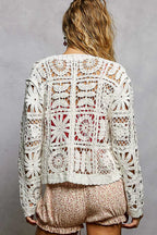 POL Crochet Cropped Cardigan Off White Womens V-Neck Long Sleeve d8c53e92-baa3-4c15-b40b-b2021bbf6191-Max-Origin Trendsi