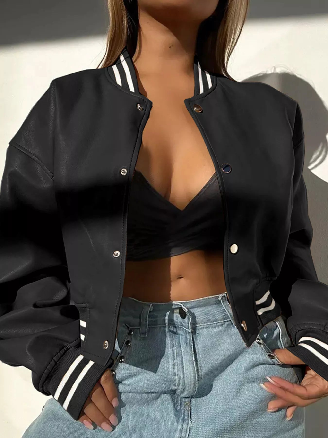 Women's Bomber Jacket Snap Down Stripe Contrast Long Sleeve Outwear d8c7706ceea6459980e2188de639a48b-Max-Origin Trendsi