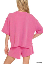 Zenana Outfit Set Raised Rib Short Sleeve Tee and Drawstring Shorts Fuchsia Pink d8c7fc78-d5e9-44a1-a78b-55bc753d42c5-Max-Origin Trendsi