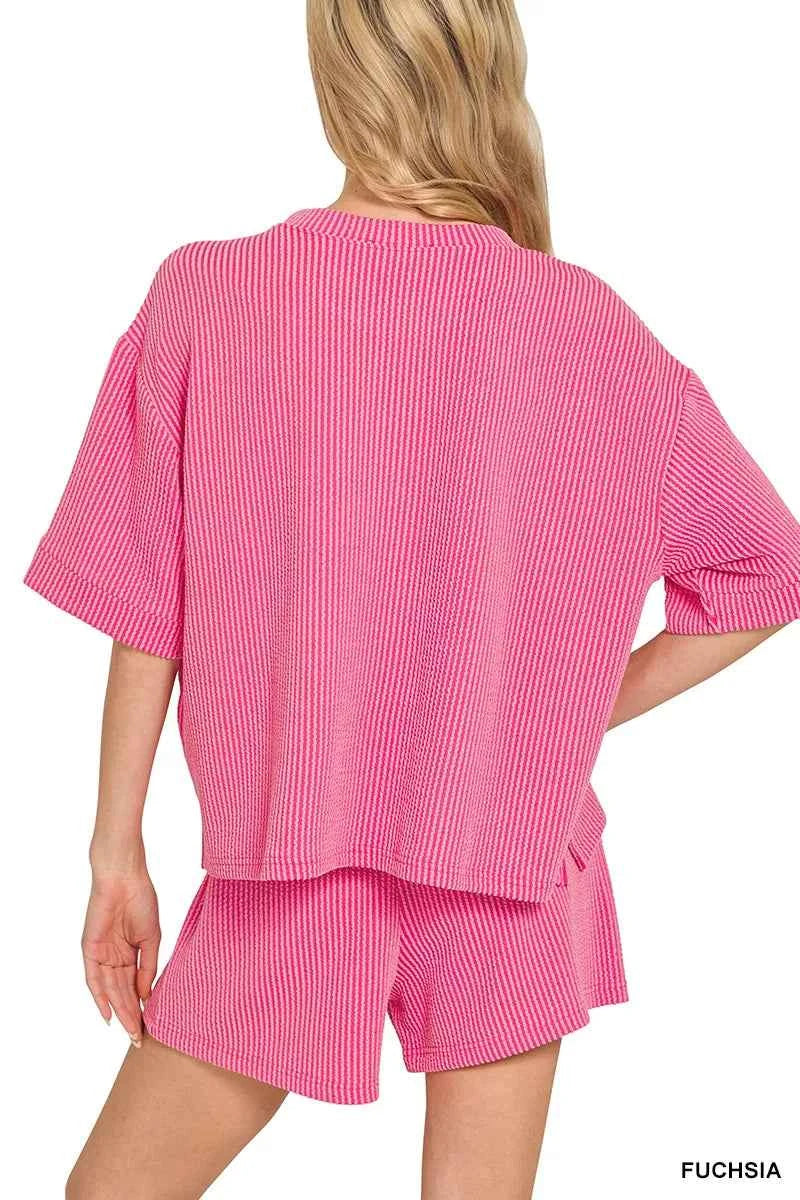Zenana Outfit Set Raised Rib Short Sleeve Tee and Drawstring Shorts Fuchsia Pink d8c7fc78-d5e9-44a1-a78b-55bc753d42c5-Max-Origin Trendsi