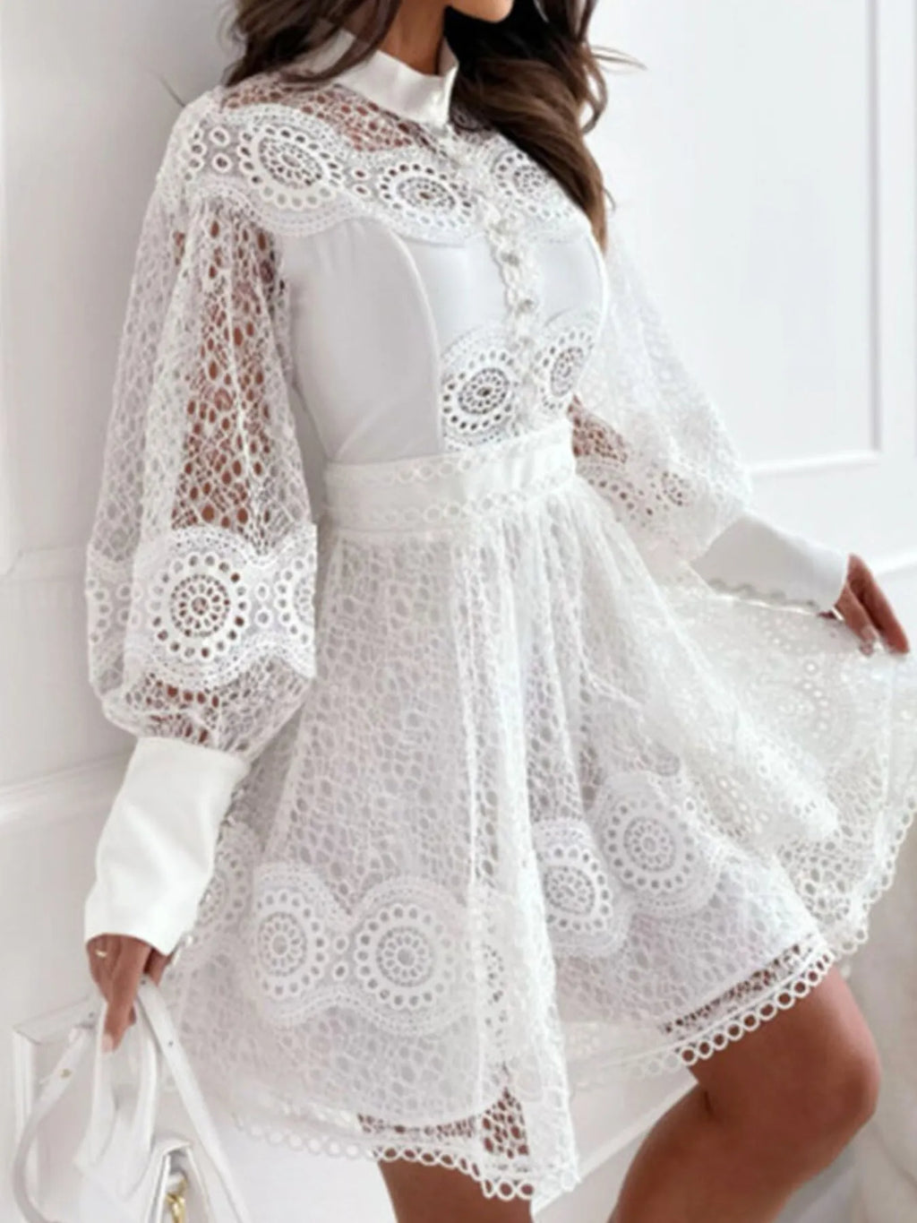 Mini Dress Floral Lace Lantern Long Sleeve Pearl Button High Neck Ruffled d8cce1ce-cd6e-4f85-a659-c6f1a724defc-Max-Origin Trendsi