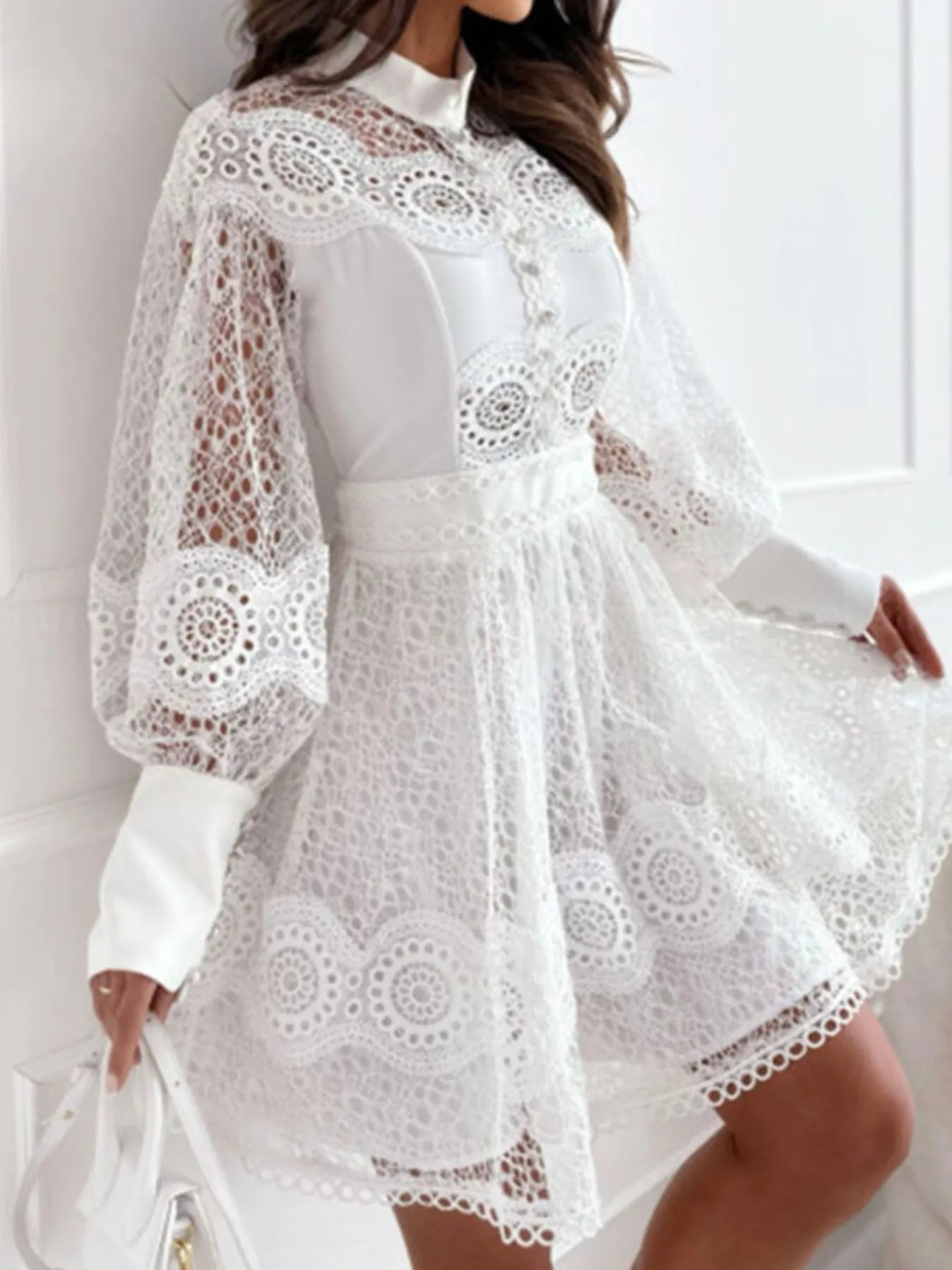 Mini Dress Floral Lace Lantern Long Sleeve Pearl Button High Neck Ruffled d8cce1ce-cd6e-4f85-a659-c6f1a724defc-Max-Origin Trendsi