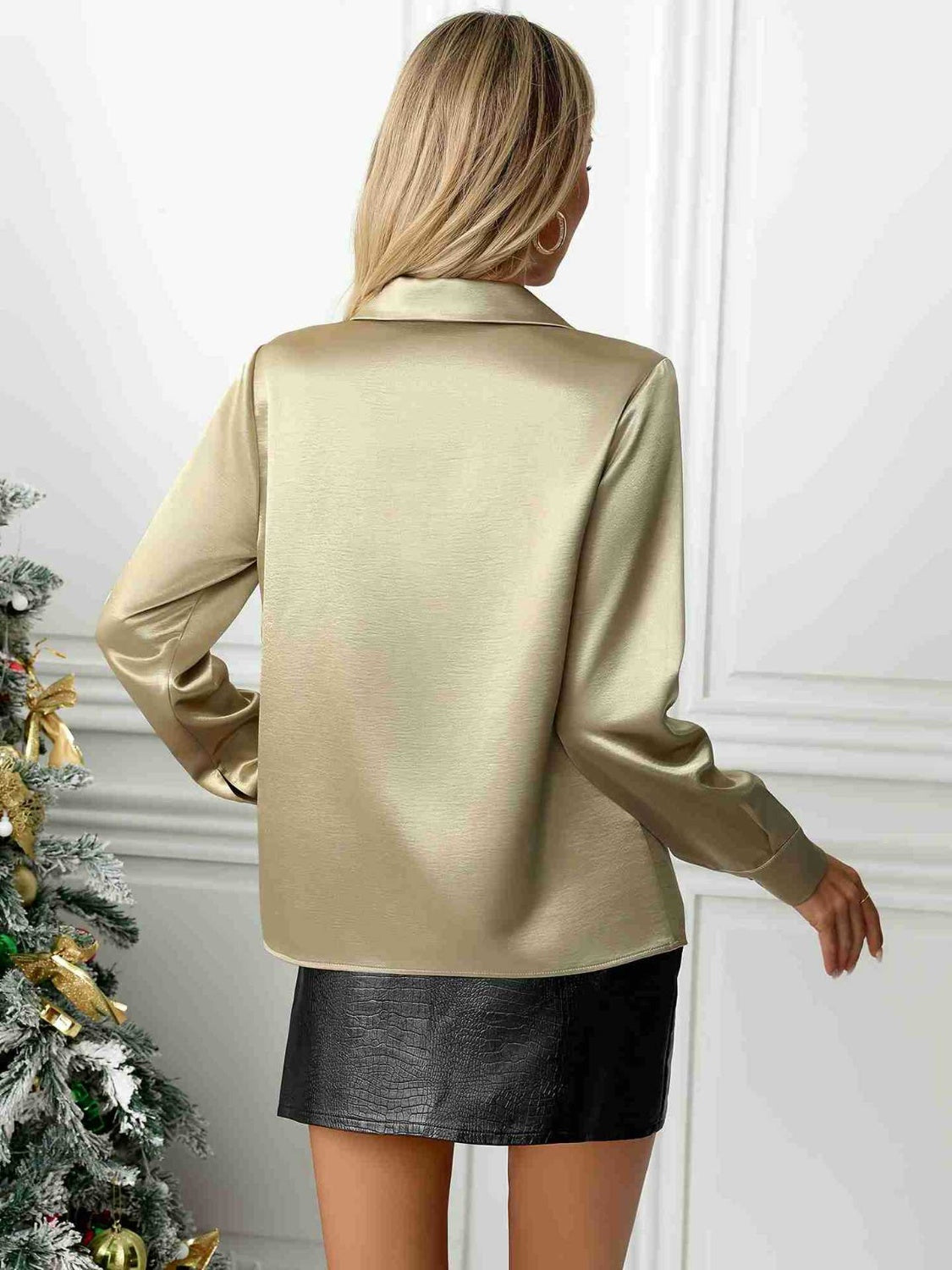 Golden Satin Women Shirt Blouse Collared Long Sleeve Single Breasted Top d8d542f8-0bbd-43e0-89c3-8b1ee42de3b6-Max Trendsi