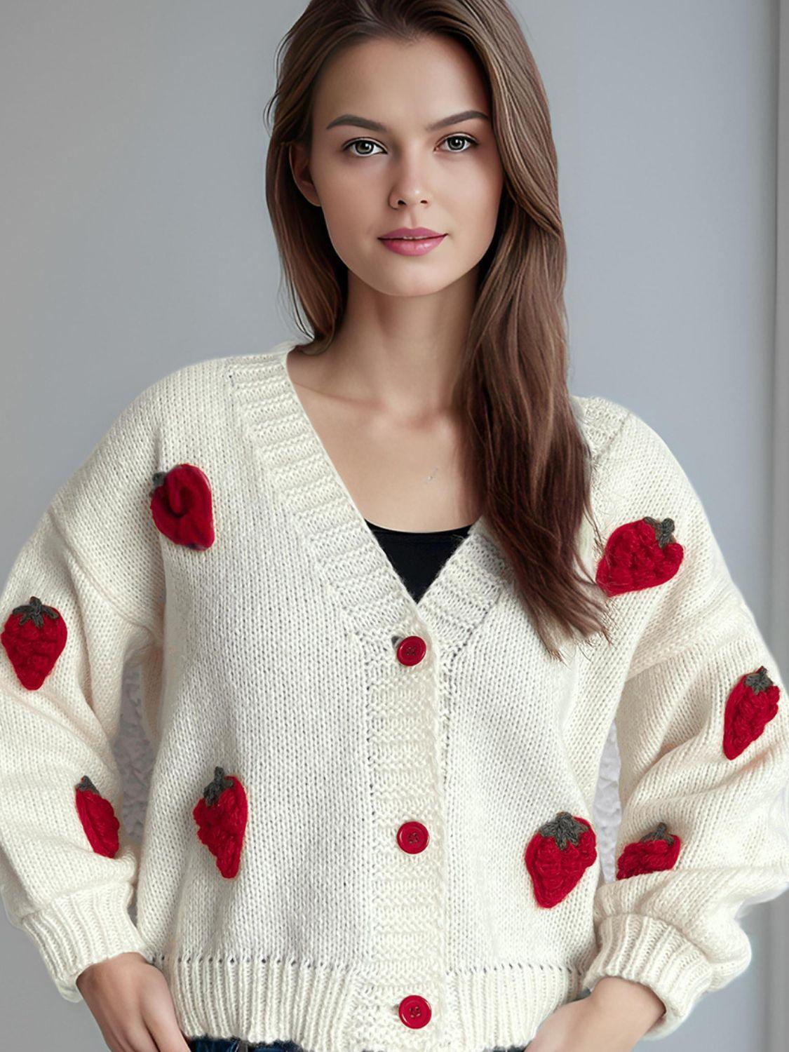 Crochet Cardigan Strawberry Embroidery V-Neck Long Sleeve Knitwear Scarlet One Size d8dcd536-0aa7-4ea9-816e-9b83cf744f77-Max Trendsi