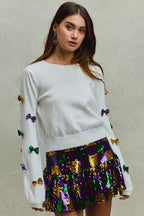 SO ME Sweater Knit Top Mardi Gras Glitter Bow Ribbon Ivory d8deecdf68004c51905b19eaffc0a108-Max-Origin Trendsi