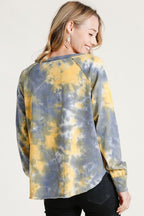 Umgee T-shirt Tie Dye Yellow Mix Round Neck Ribbed Button Front Top d8eec7da-9ae3-4f12-9abf-d2c1946b1aed-Max Trendsi