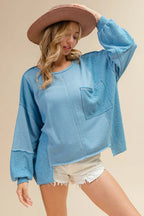 BiBi Women's Sweatshirt Oversized Pocket Front Blue Long Sleeve Top d8f1677069a94922b69c2f80886be1a9-Max-Origin Trendsi