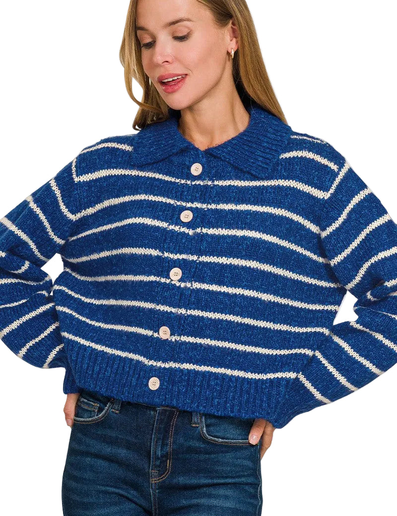 Zenana Striped Button-Down Sweater Cardigan with Classic Collar, Cropped Fit