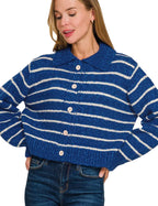 Zenana Striped Button-Down Sweater Cardigan with Classic Collar, Cropped Fit