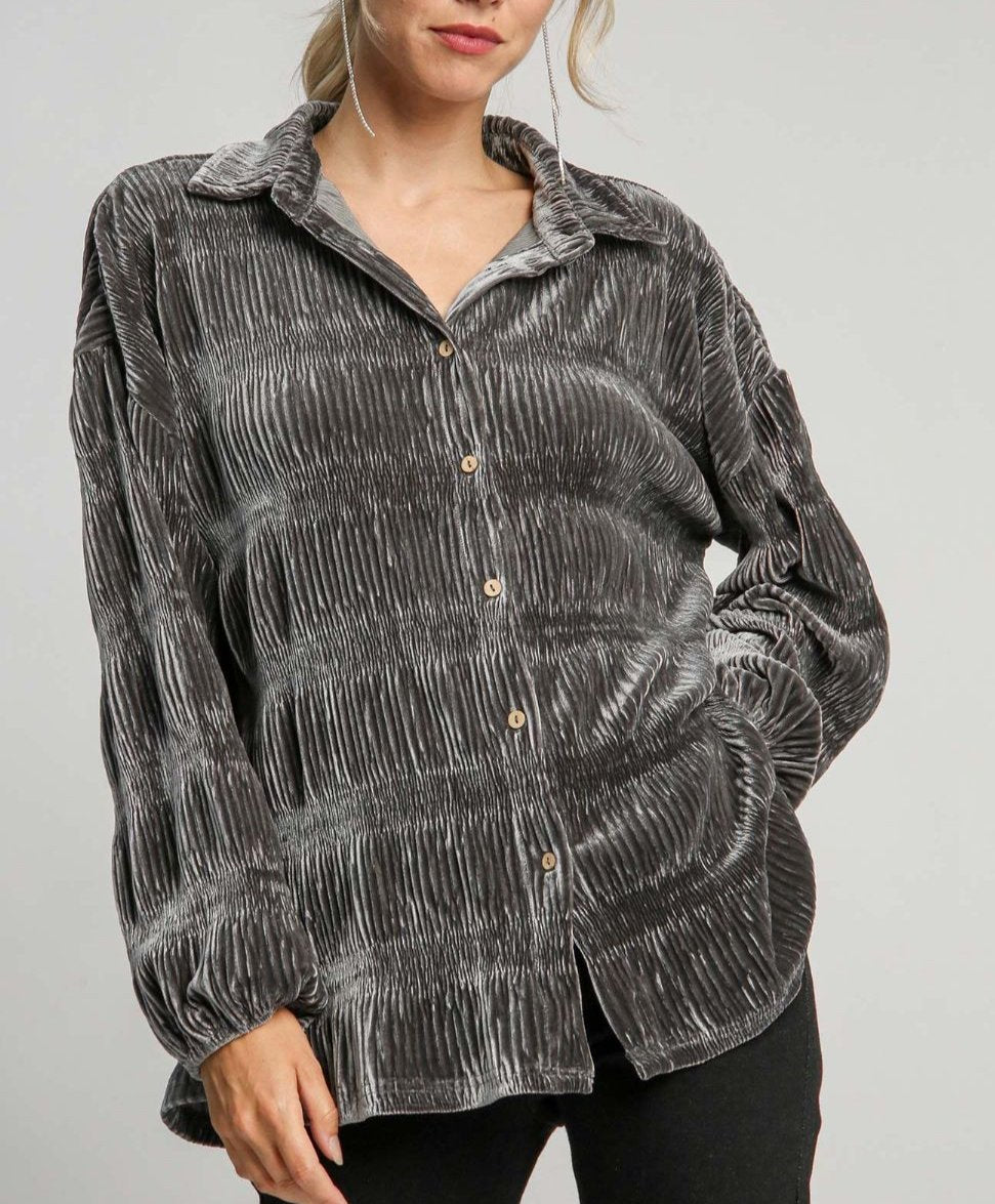 Umgee Women Black Button Up Shirt Ruched Tiered Long Sleeve