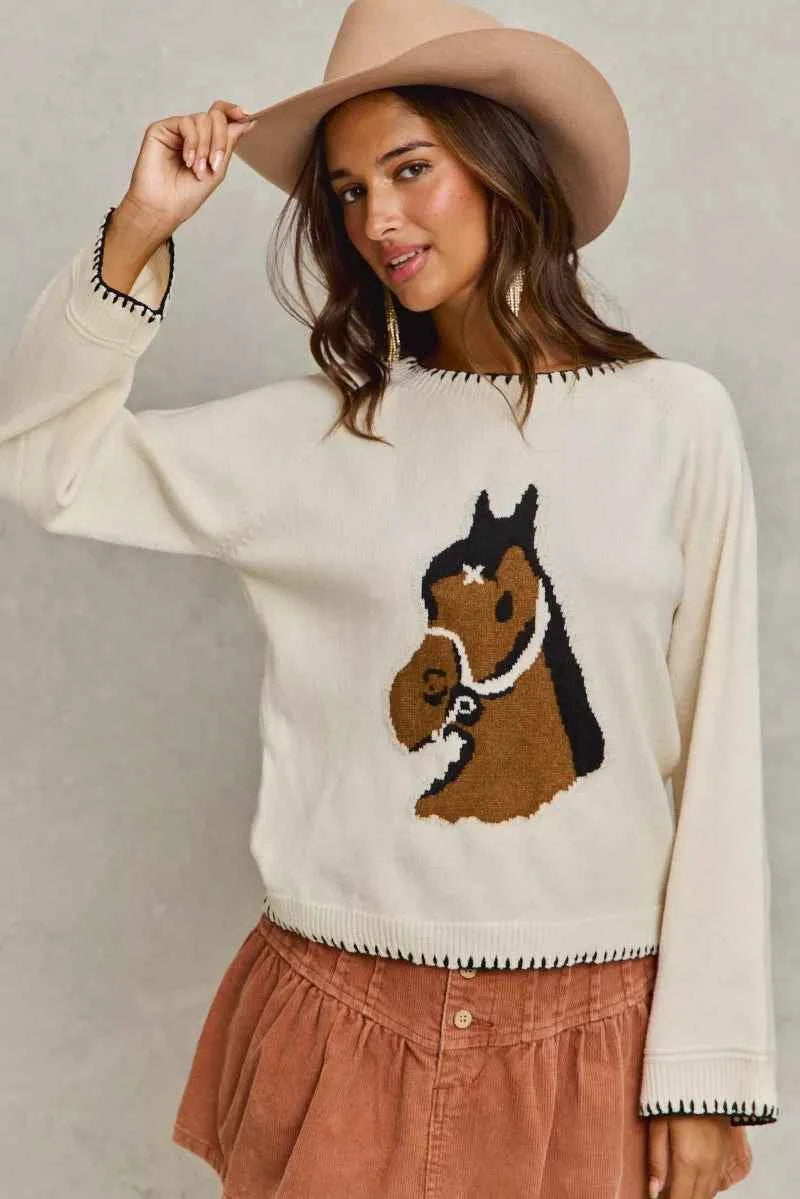 SO ME Horse Sweater Top Ivory Knit with Blanket Stitch Long Sleeve d8faeb43c19d40ecb7c5eb333e363284-Max-Origin Trendsi