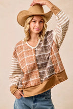 BiBi Womens Blouse Plaid And Stripe Mix And Match Top With Open Seam d8fb9e62742242878d6c786629fb10e6-Max-Origin Trendsi