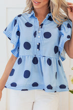 Polka Dot Blouse Ruffled Short Sleeve Shirt Light Blue Shirt Top d8fc7c7d-874c-49a3-a38b-722b2df5e2ef-Max Trendsi