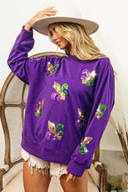 BiBi Sweatshirt Purple Mardi Gras Fleur De Lis Sequin Patches Long Sleeve Top d90ad298010e4b05bc59ba87c41b52ab-Max-Origin Trendsi