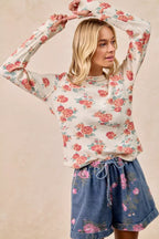 BiBi Womens Knit Top Floral Print Washed Waffle Thermal Blouse d90b974d30bb4275a9ca5a5b254dab3b-Max-Origin Trendsi