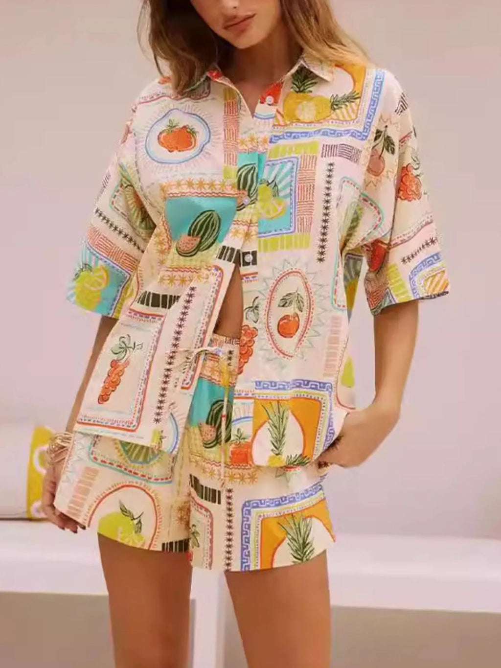 Women's Outfit set Summer Printed Button Up Shirt and Shorts Set 2 Pcs d90bac08-797f-482a-923b-0ef59c57ee3e-Max-Origin Trendsi