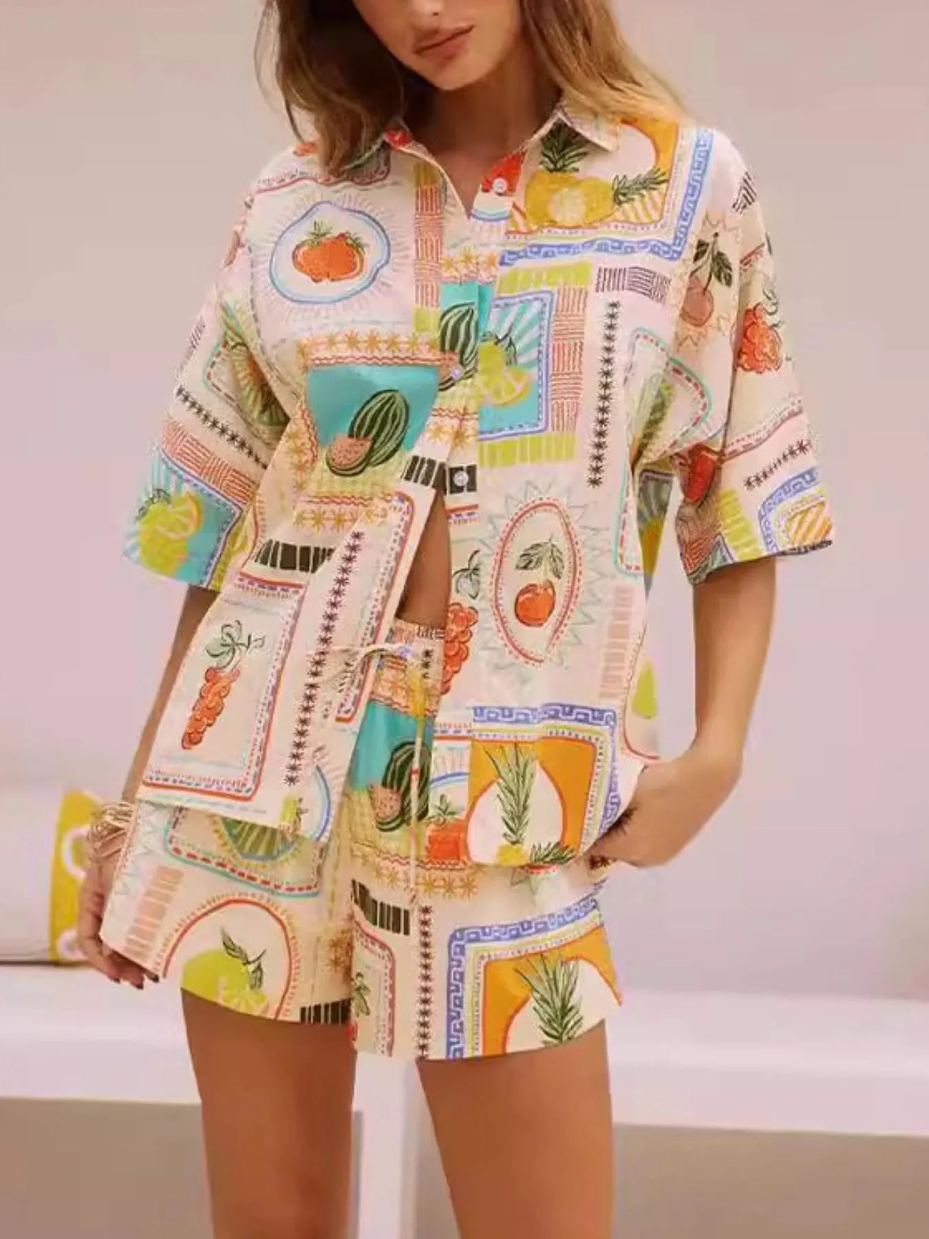 Women's Outfit set Summer Printed Button Up Shirt and Shorts Set 2 Pcs d90bac08-797f-482a-923b-0ef59c57ee3e-Max-Origin Trendsi