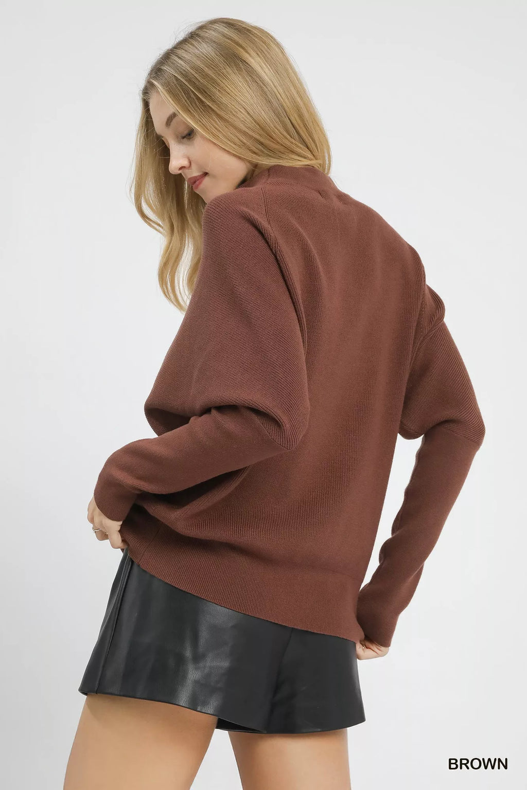 Umgee Brown Knit Top Draped Turtleneck Long Sleeve Loose Solid Pullover d90d91fc-26d6-4c84-a48c-ccc202d7eda5-Max-Origin Trendsi