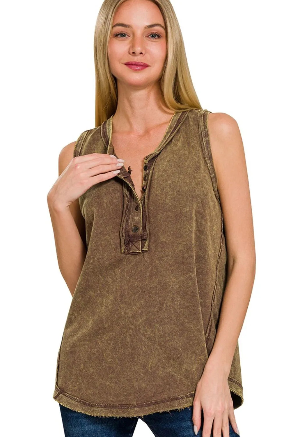 Zenana Tank Top Henley Washed Half-Button Raw Edge Sleeveless Blouse MAHOGANY d9101e14-2b67-4272-920b-58edc678670a-Max-Origin Trendsi