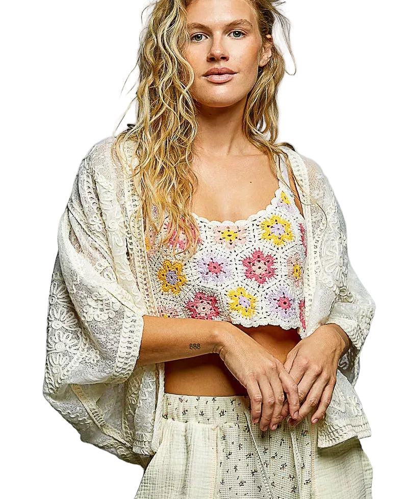 POL Open Front Crochet Cardigan with Floral Embroidery