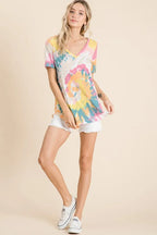 BiBi Circular Tie Dye Print Womens Blouse V Neck Top Short Sleeves d9136357fc17460583cde1322152f2bb-Max-Origin Trendsi