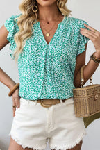 Women's Blouse Notched Turquoise Leopard Ruffle Short Sleeve Top d9211db1-cc54-4928-bb4d-38ea7df23cb1-Max-Origin Trendsi