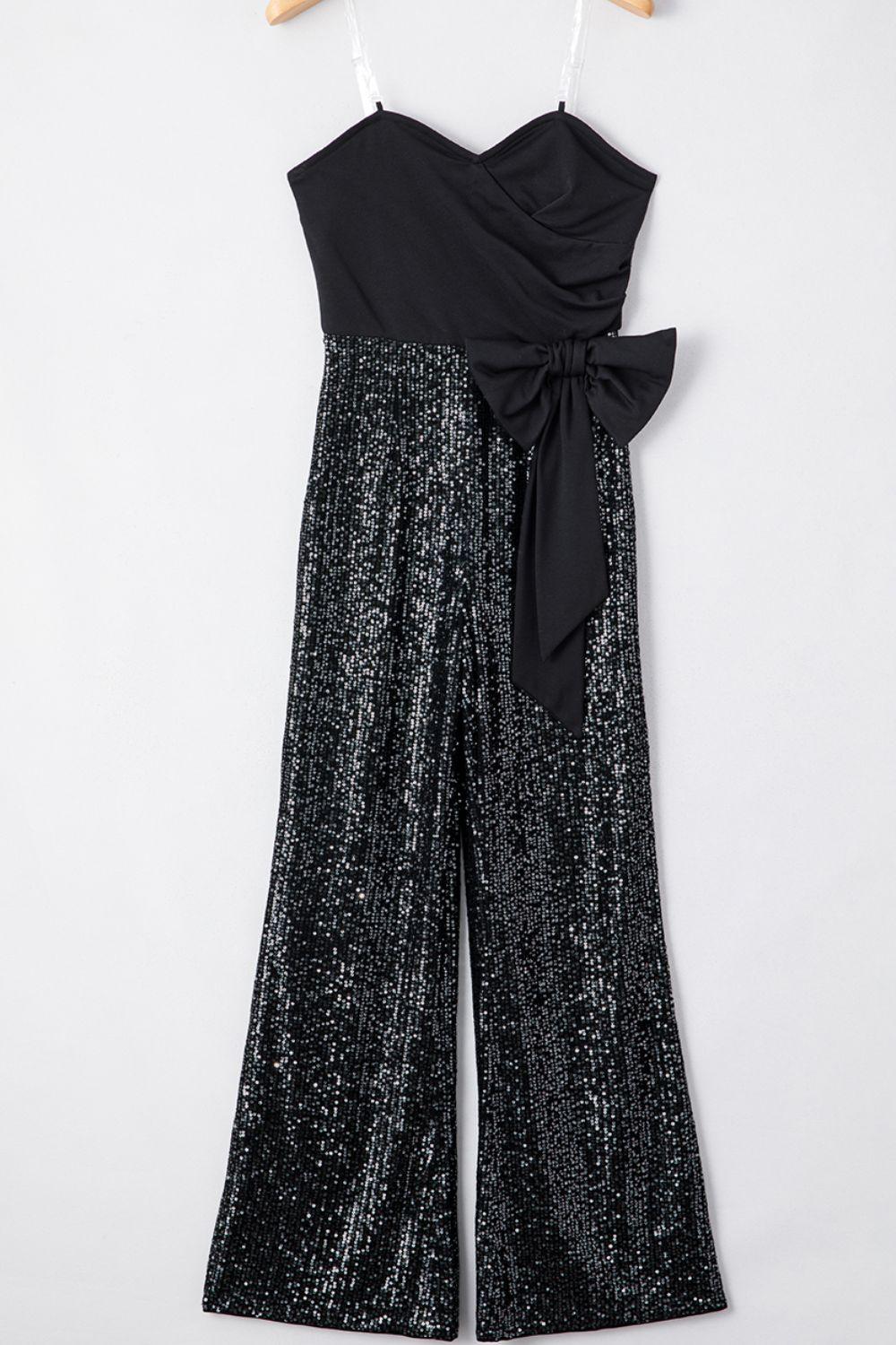 Bow Sequin Jumpsuit Wide Leg Sweetheart Strapless Party Overall