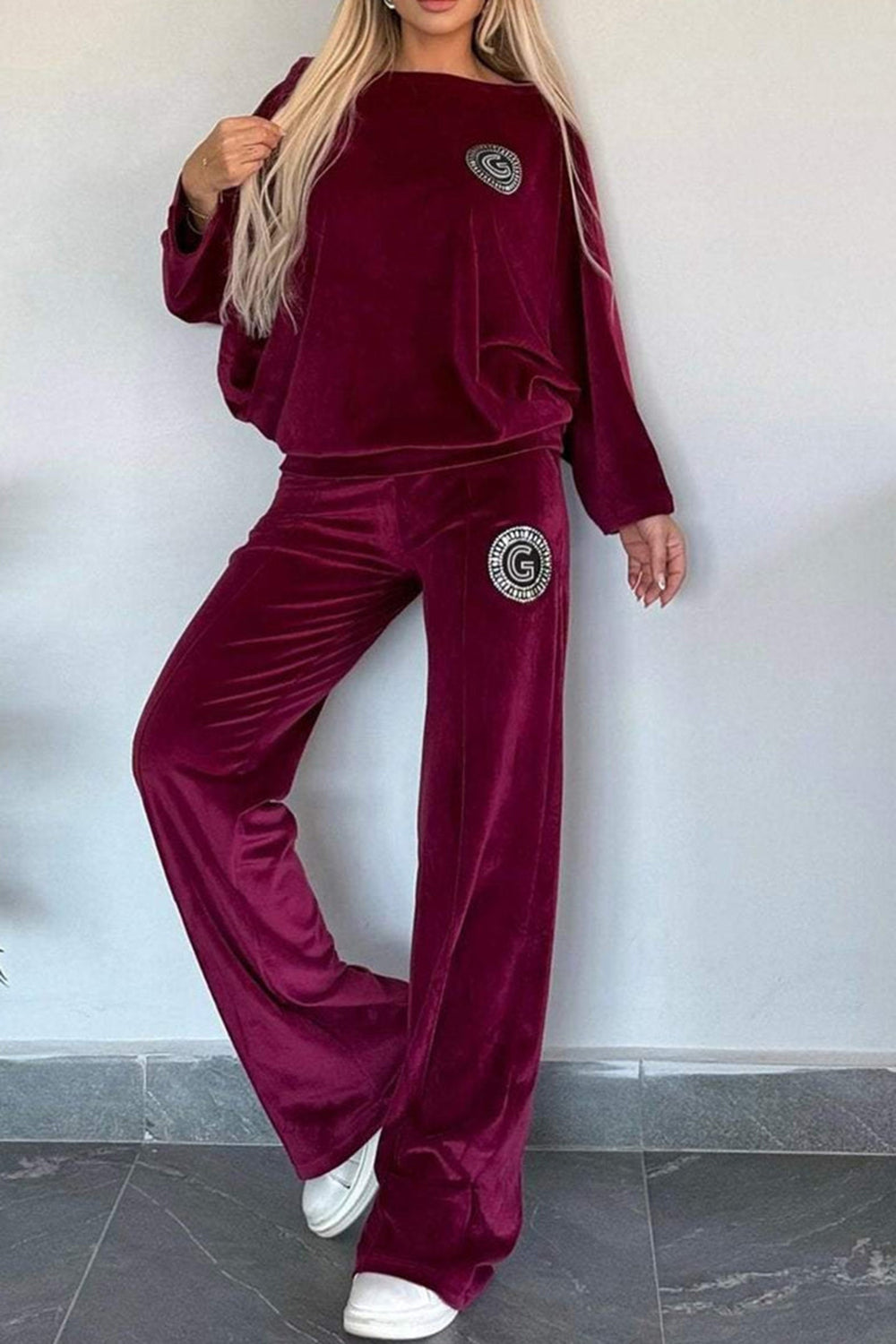 Outfit Set Women Velvet Full Size Boat Neck Long Sleeve Top and Pants Set 5XL