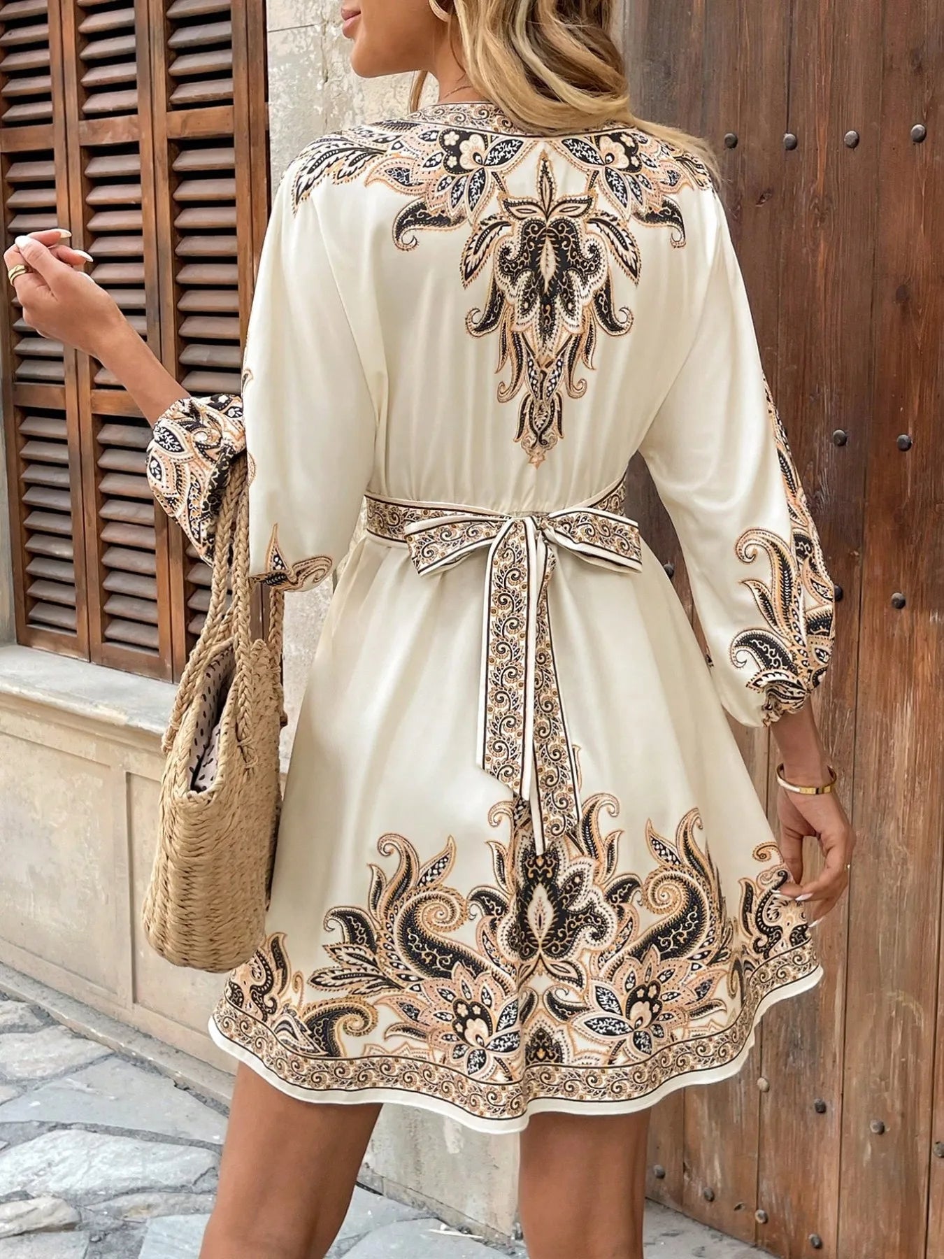 Mini Kimono Dress Paisley Printed V-Neck Balloon 3/4 Sleeve S-2XL d92f16ec-b061-481a-be63-c2053a32be55-Max-Origin Trendsi