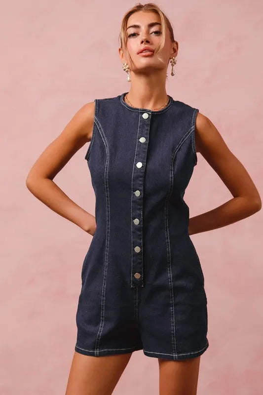 SO ME Denim Romper Button Up Front Dark Washed Sleeveless Jumpsuit d92fa660863b485ab2efc6397bbac493-Max-Origin Trendsi