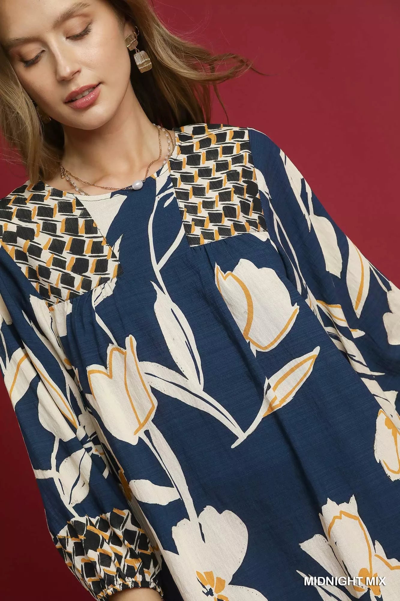 Umgee Babydoll Dress Navy Mix Floral High-Low 3/4 Sleeve d9379de1-d5ef-41ef-b064-c94fa9ebe648-Max-Origin Trendsi