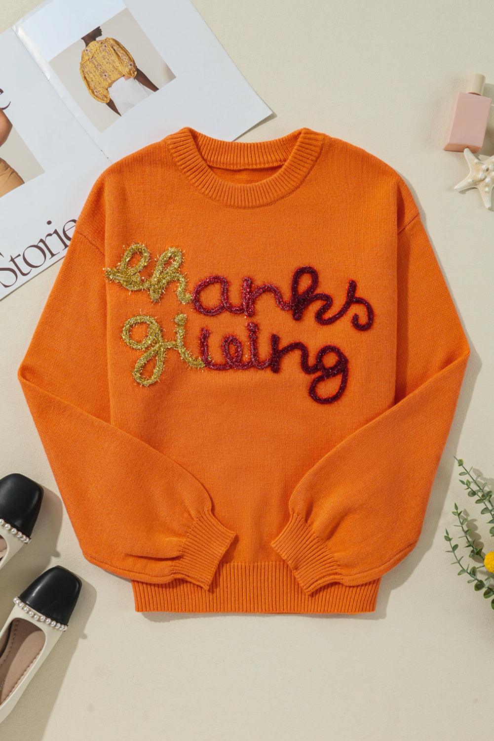 THANKSGIVING Women Sweater Round Neck Long Sleeve Orange Pullover