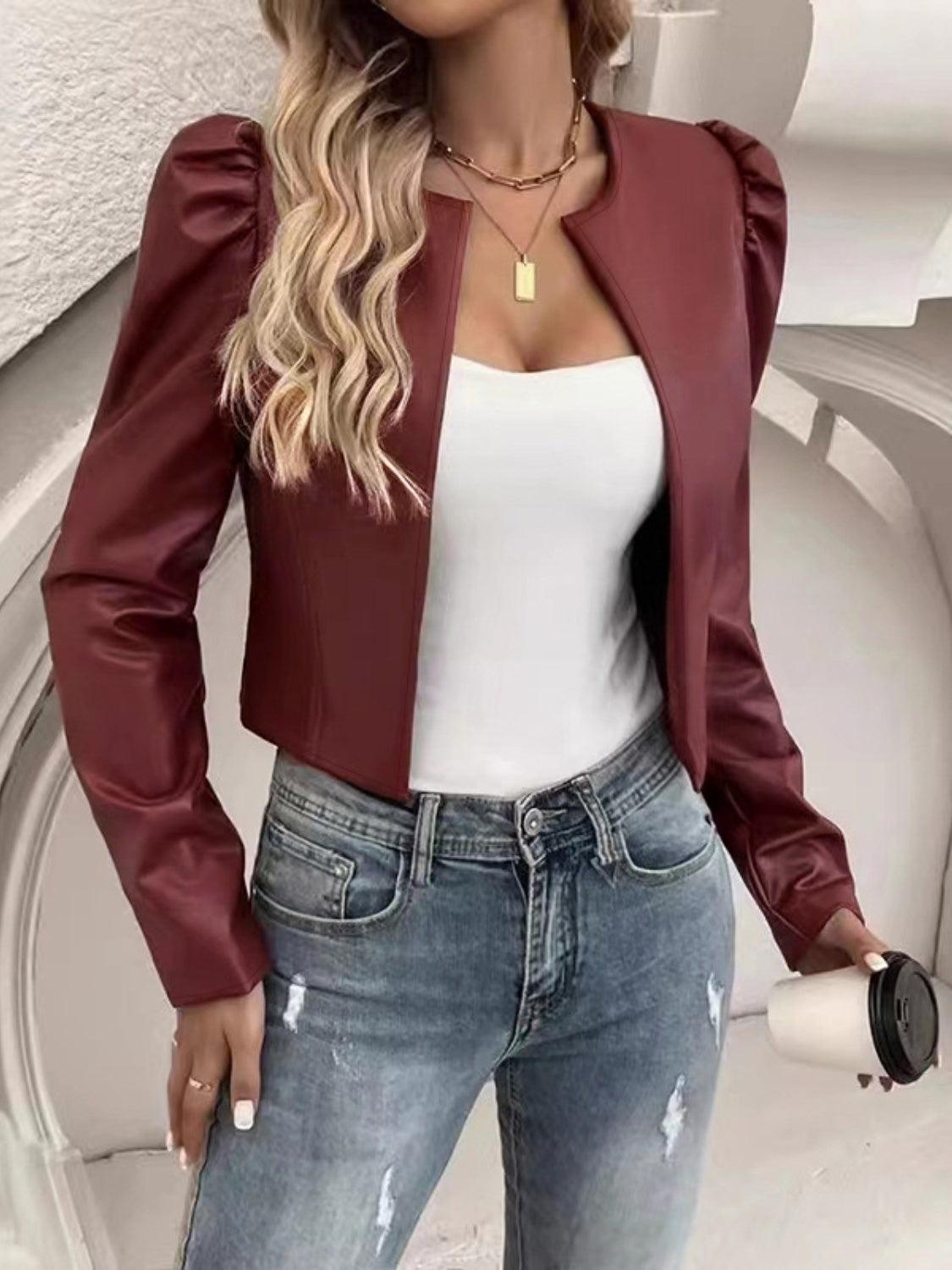 PU Leather Cropped Jacket Open Front Puff Long Sleeve Outwear Burgundy d93ea9e3-eb84-41ed-a445-d440865a7083-Max Trendsi