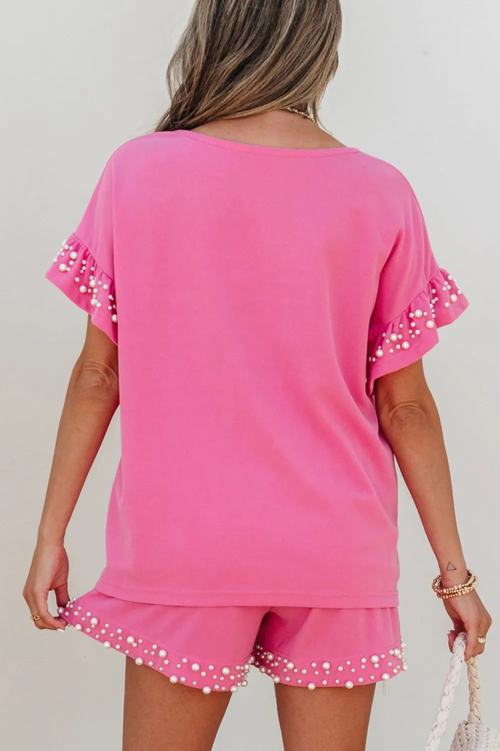 Outfit Set Pink Wpmen's Pearl Ruffled Embellished Top and Shorts Set d9475331-ea60-459a-a70a-6ea1463e72bd-Max-Origin Trendsi