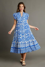 Umgee Midi Dress Floral Blue Two Tone Border Print Ruffle Cap Short Sleeve d9641f19-291f-4ba5-85c6-3b1de774f056-Max Trendsi
