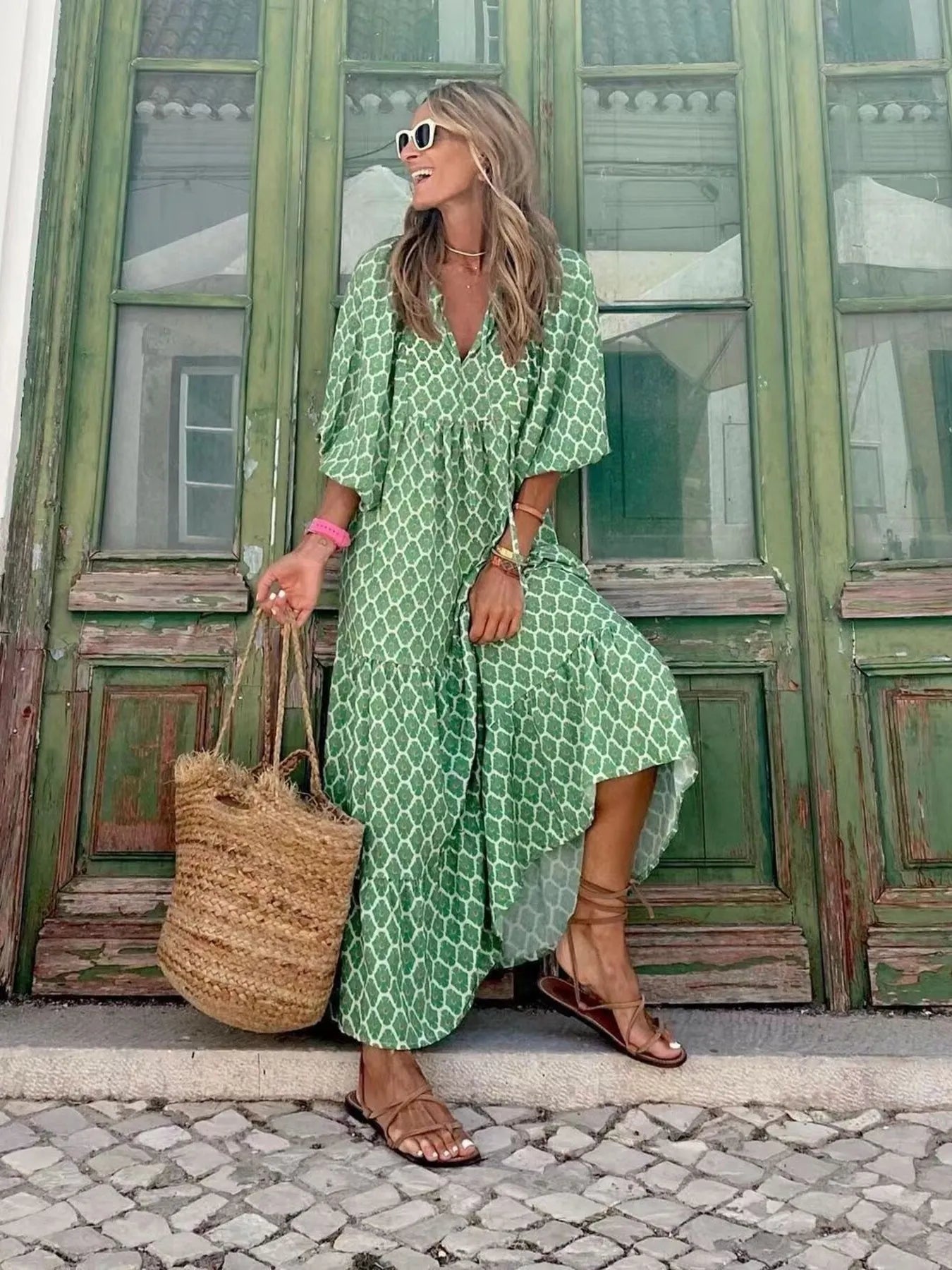 Maxi Dresses Colorful Printed V-Neck Balloon Short Sleeve Ruffled Oversized Green d9671e712e764d7190d1ea931b7c28cd-Max-Origin Trendsi