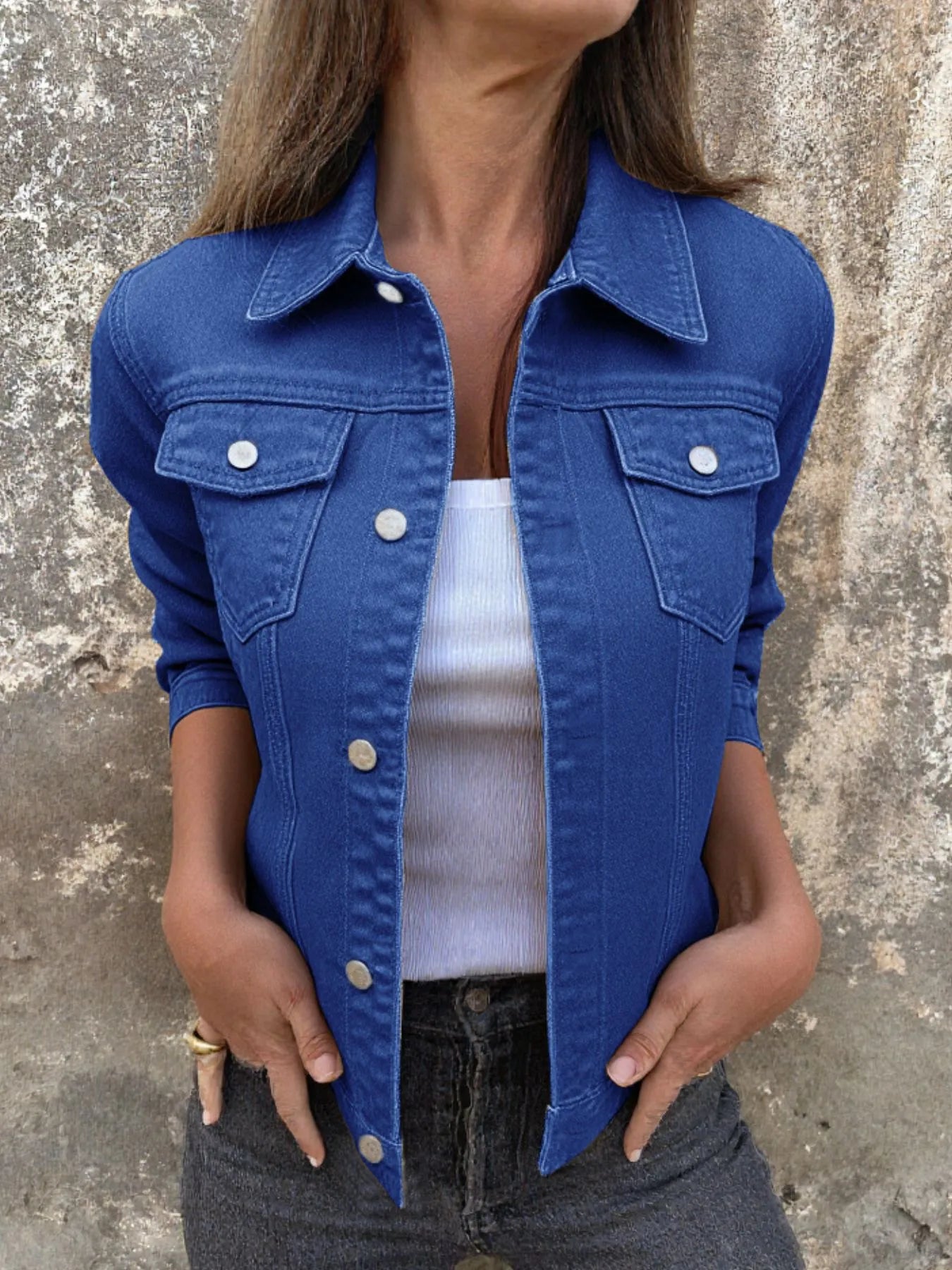 Women's Denim Jacket Short Button Front Long Sleeve with Pockets Dark Blue d96c839a-8be1-4554-aca4-8a171b4ece62-Max-Origin Trendsi