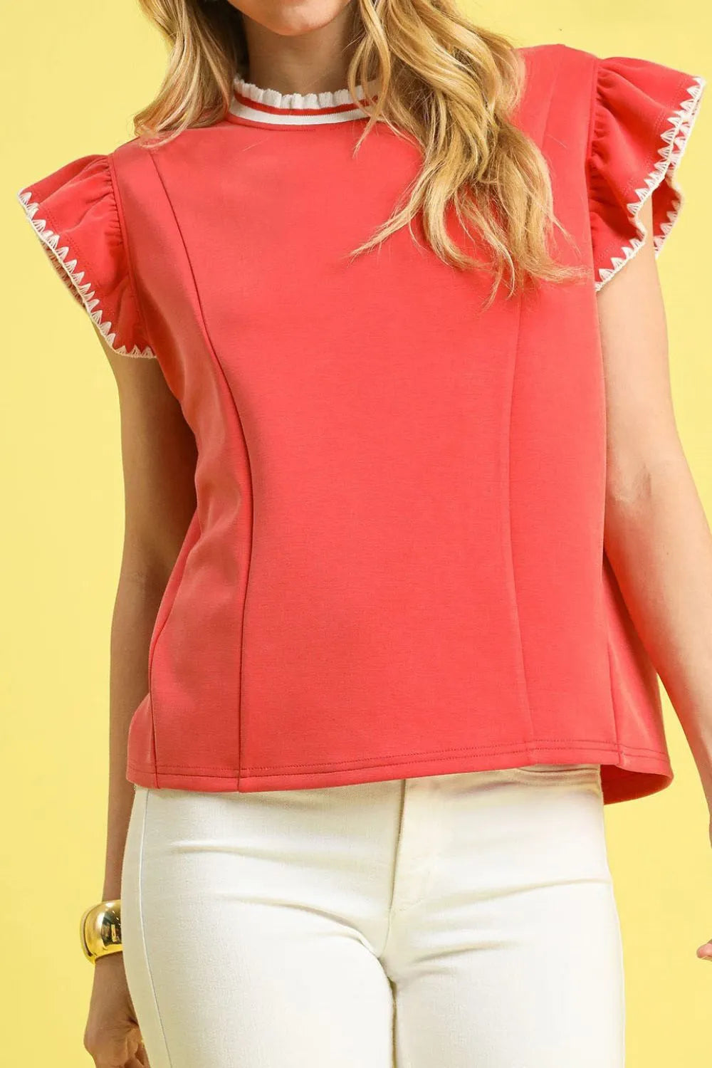 Umgee Blouse Red Contrast Trim Ruffle Short Cap Sleeve Top d96ce853-8e77-41ea-971c-f0c0e5529a2e-Max-Origin Trendsi