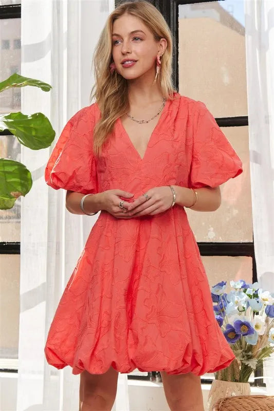 ADORA Floral Mini Dress Cotton Coral Puff Short Sleeve V neck d971cde91f7f4e8094888779ddc212fe-Max-Origin Trendsi