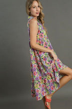 Umgee Floral Tiered Dress V Neck Sleeveless High-Low Hem Ruffle Violet d9728eda-72c5-4543-b9de-a13ac99a363e-Min Trendsi