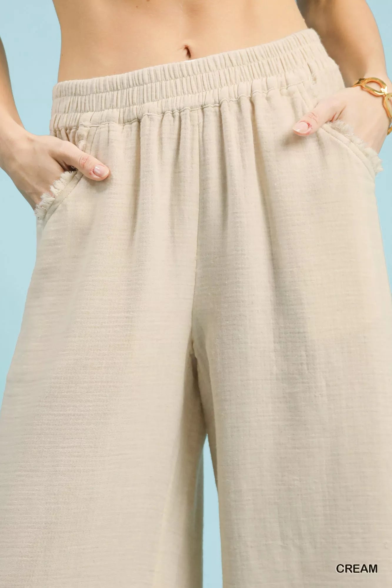 Umgee Wide Leg Pants Cream Cotton Frayed Hem with Pockets d97a7689-248e-4f12-b90e-45888b00985f-Max-Origin Trendsi